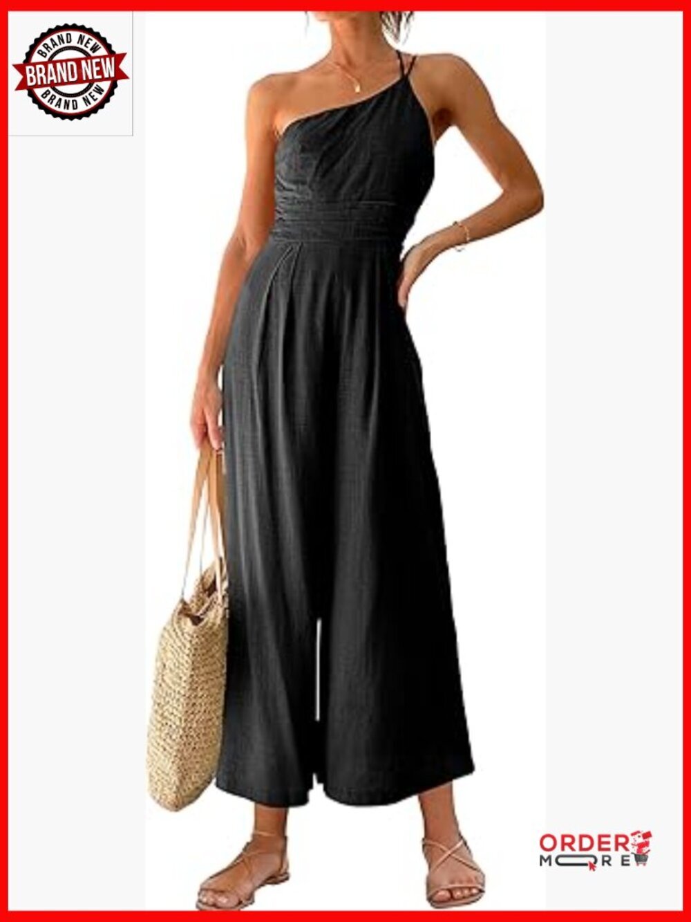 One Shoulder High Waist Wide Leg Linen Jumpsuit Romper Beach Travel Outfit